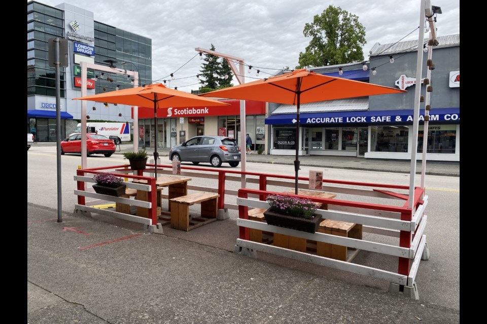 An on-street patio in the 400 block of Sixth Street is one of about 20 new temporary patios and parklets in New West.