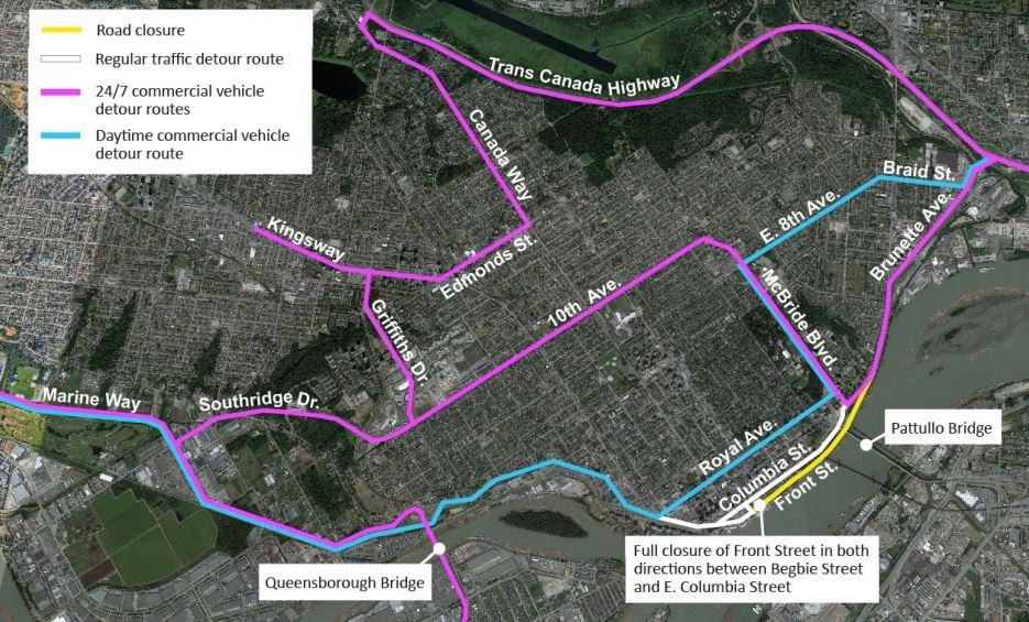 Detour routes have been developed for the road closures coming to New West in 2024 as part of the Pattullo Bridge replacement project.