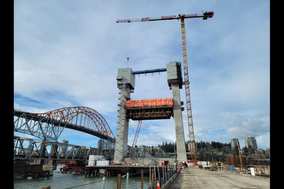 View of the main bridge tower for the Pattullo Bridge replacement project.