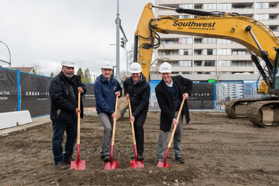 From left: Coun. Paul Minhas and Mayor Patrick Johnstone joined PC Urban CEO Brent Sawchyna and COO Steve Forrest at the April 18 ground-breaking of a new rental project in uptown New West.