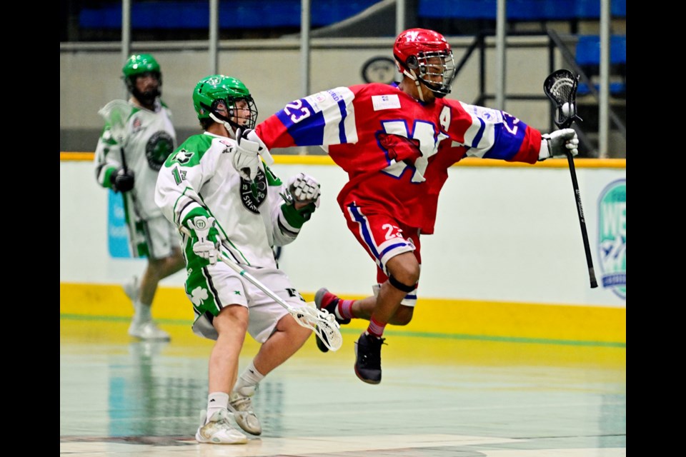 Drew Belgrave soars past a Victoria Shamrocks' opponent during WLA semi-final play. 