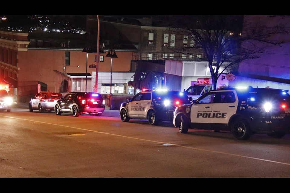 Numerous police officers and other first responders attended a stabbing incident inside a SkyTrain car in New Westminster on Jan. 4, 2023.