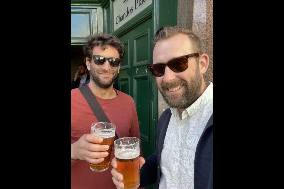 Eric Moutal and Jorden Foss, from left, of Steel & Oak recently visited England, where they helped brew up a big batch of Shiny Things. 