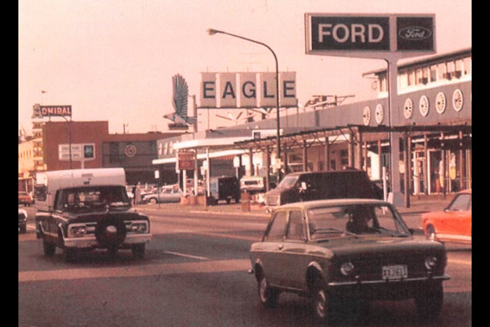 The Eagle Ford neon sign was originally displayed outside of the car dealership Eagle Motors Ltd. from 1950-1985, the largest Ford car and truck retailer in the province in its time. Photo circa 1970-1985.