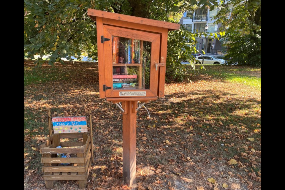 The Little Free Library in Victoria Hill (with the free "take a ball" bin next to it) is a popular stop by the duck pond.