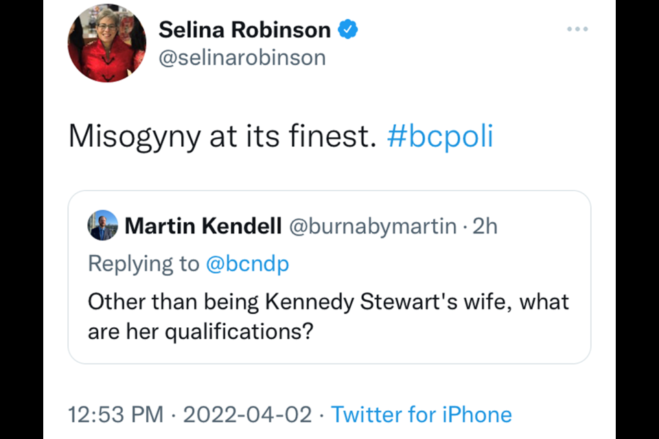 Finance Minister Selina Robinson responds to a tweet by Burnaby council candidate Martin Kendell.