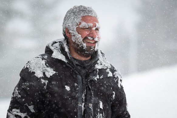 February 13, 2021.  
Juan Herrera toboggans on Burnaby Mountain.
Photo: Jennifer Gauthier