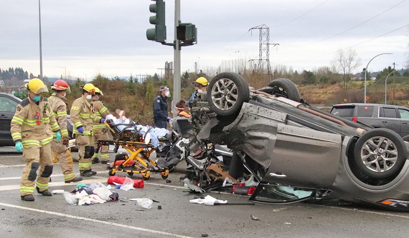 At least five were injured as a driver crashed into a family on the Brunette Overpass in Coquitlam.