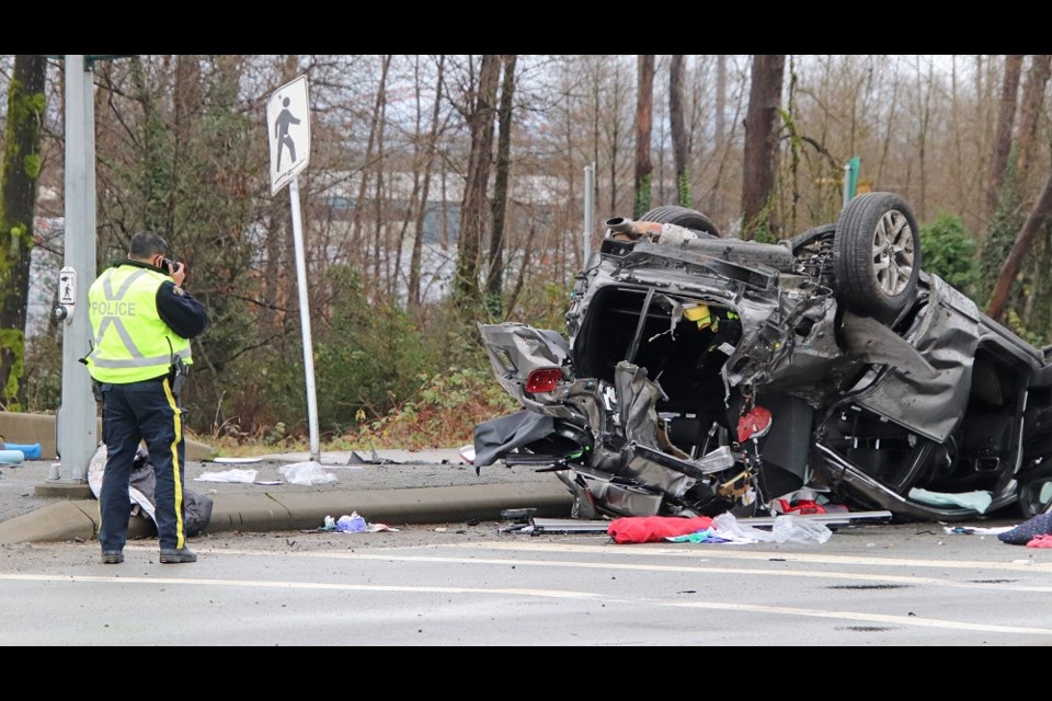 At least five were injured as a driver crashed into a family on the Brunette Overpass in Coquitlam.