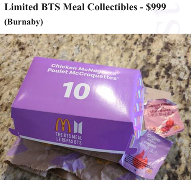 A Craigslist ad reselling a McDonald's meal with BTS branding.