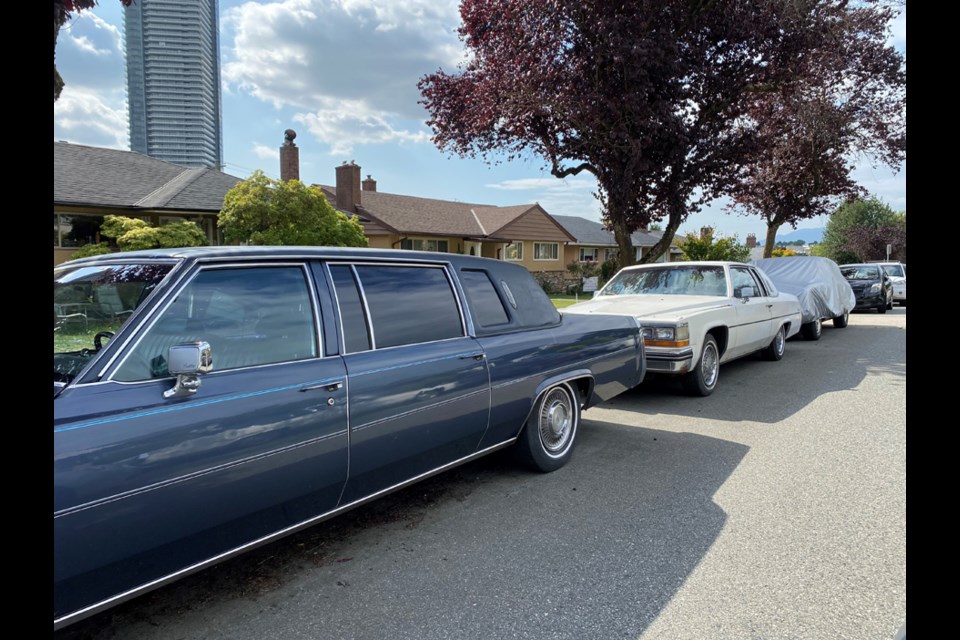 A row of Cadillacs on a Brentwood-area street.
