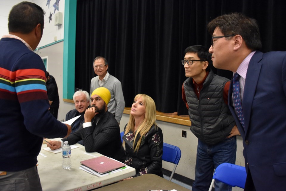 In 2019, debate moderator Stephen D'Souza explains the ground rules of to Burnaby South candidates. Left to right: independent Terry Grimwood, Liberal Richard Lee (behind), NDP Leader Jagmeet Singh, Laura-Lynn Tyler Thompson of the People's Party, independent Valentine Wu and Conservative Jay Shin.