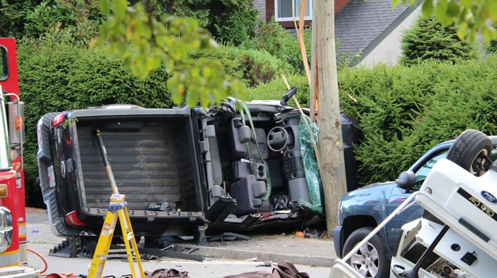 Burnaby firefighters, police and paramedics are on scene on Duthie Avenue at Montecito Drive in front of Montecito Elementary for a crash involving two pick-up trucks.