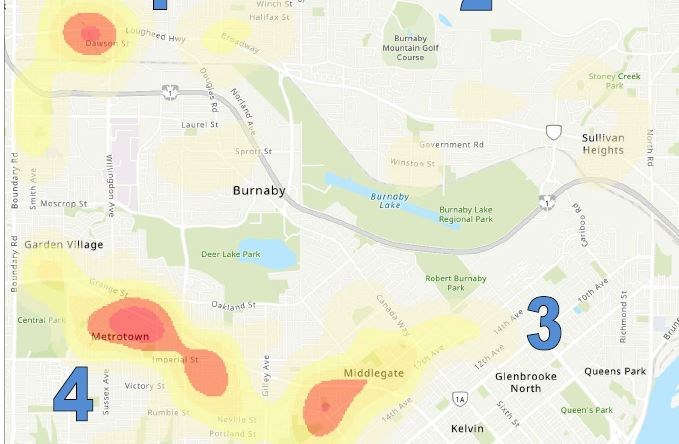 This heat map shows an area of Brentwood with a high density of crime.