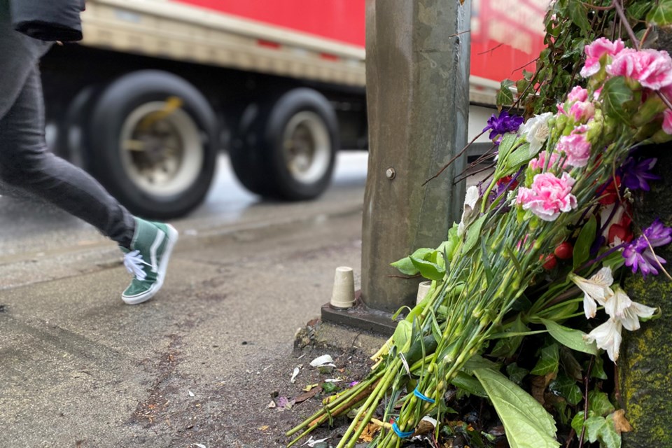 Flowers have been placed near the site of a fatal accident on East Columbia Street that claimed the life of a pedestrian on Sunday afternoon (Feb. 19).