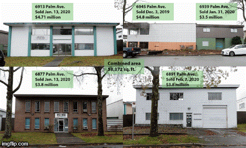 Five Palm Avenue properties just outside the Metrotown downtown plan area sold for $20.6 million. By comparison, a similar sized property in the Metrotown area sold for $35.5 million.