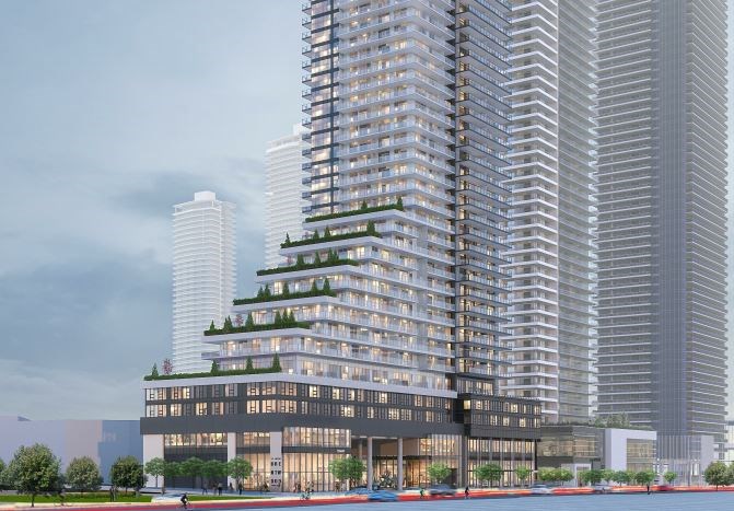 The proposed development plan is for a single 39-storey apartment tower, inclusive of a 4-storey rental podium with commercial space.