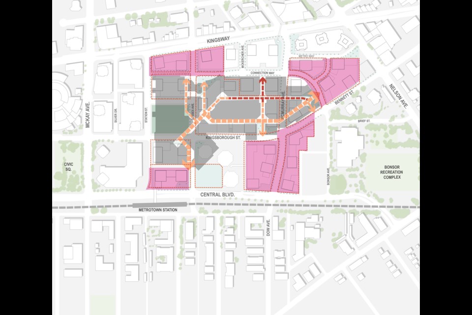 Map of Metrotown mall: Phase 1 (2025-2054) of the master plan development highlighted in pink.