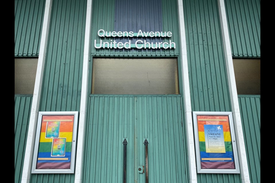 The rainbow-coloured poster boxes that flank the main Sixth Street doors of Queens Avenue United Church promote two upcoming concerts, including one by the church's Rainbow Chorus. The boxes were hit by vandalism this week.