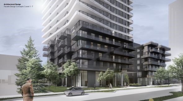 Proposed is a 31-storey high-rise strata apartment building and a separate six-storey replacement/non-market rental apartment building. 