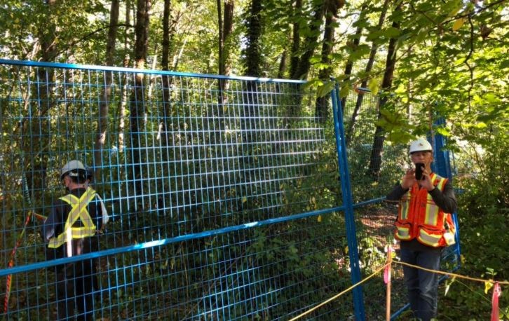 Tree sitters aiming to block the Trans Mountain pipeline route in a Burnaby forest say they are “under siege” after contractors erected blue fencing around their protest site on Tuesday.