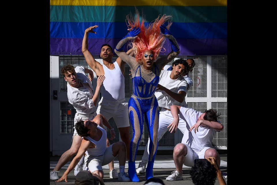 Batty Banks performs at the Burnaby Pride festival at Civic Square on July 22, 2023. (Jennifer Gauthier/for the NOW)


