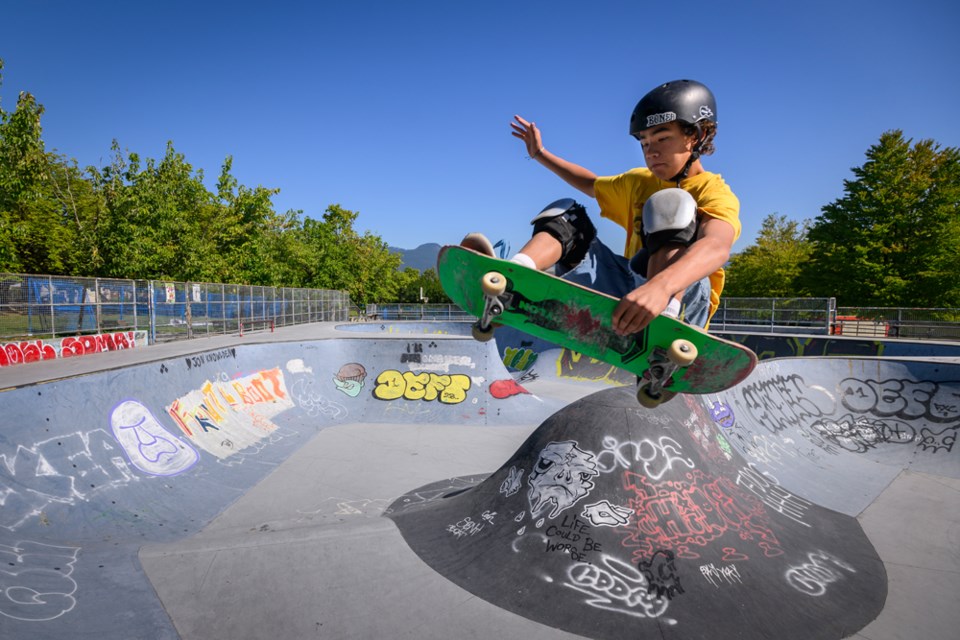 Oli Ward, a Grade 11 student and top prospect for the national team, trains at the Hastings Skate Park in Vancouver on Aug. 4, 2023. 
 (Jennifer Gauthier/for the Burnaby Now)