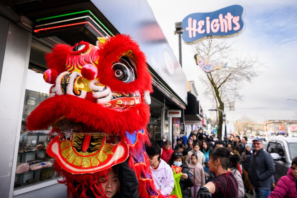 The Shao Lin Hung Gar lion dance team visited businesses along Hastings street in Burnaby Heights, on Feb. 17, 2024, to mark the year of the dragon.