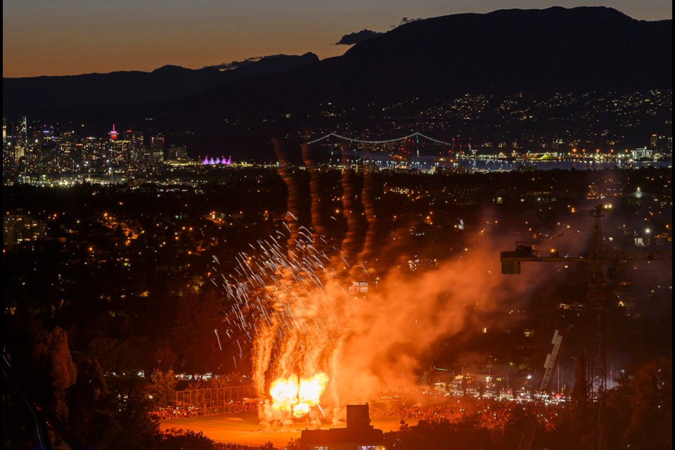 The winning spot news photo for Ma Murray Awards 2024: Burnaby’s Streetfest Canada Day event concludes with a fireworks display in Central Park, on July 1, 2023.