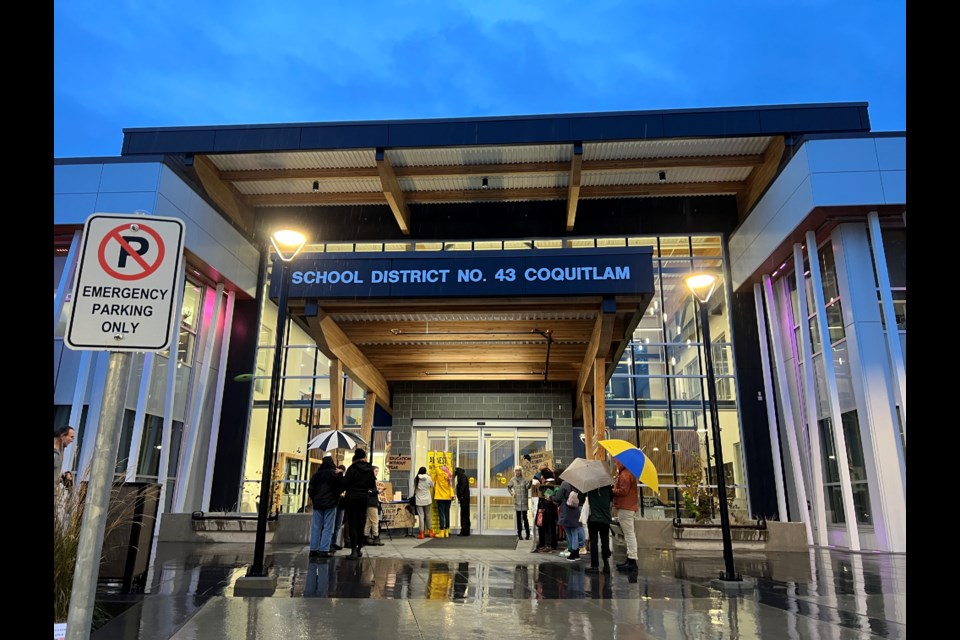 A vigil outside SD43 Tuesday called for inclusion of Sanctuary Schools Policy in Coquitlam district schools.