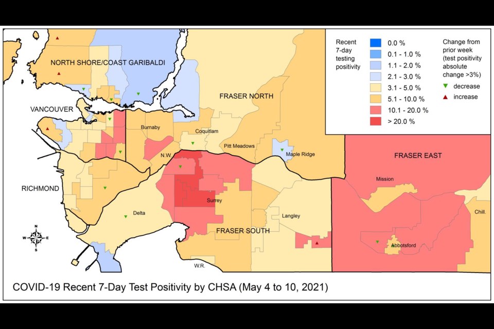 This map shows the COVID-19 testing positivity rate in the region, with New Westminster sitting in the middle of the pack. Areas coloured in red have the highest positivity.