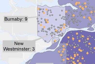 Yellow dots on this map (from the May 7 COVID-19 school cluster and transmission analysis) show schools where clusters occurred, including three in the New Westminster school district. 