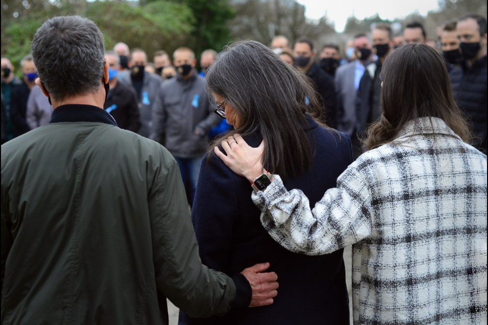 The family of Olivia Malcom – father Tony, mother Bridget and sister Erica – are met by supporters outside Surrey provincial court after the sentencing of the driver responsible for her death.