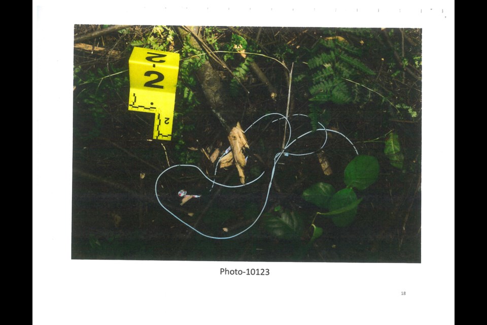 A police crime scene photo shows a pair of earbuds found a few metres from the body of a 13-year-old girl found dead in Burnaby's Central Park on July 19, 2017.
