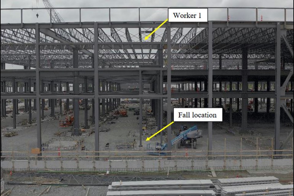 A photo of the North side of a warehouse under construction at 5255 N Fraser Way shows the location of a worker who fell to his death in May 2022. 