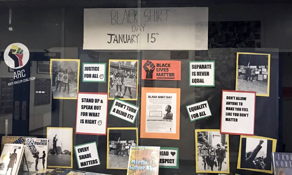 A display at Burnaby's Marlborough Elementary School promotes Black Shirt Day on Jan. 15 in support of anti-racism.