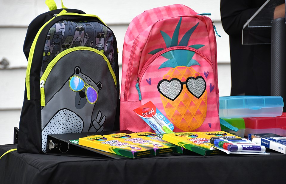 Back packs and other back-to-school supplies starred at a Ministry of Education funding announcement at Maywood Community School in Burnaby Monday.