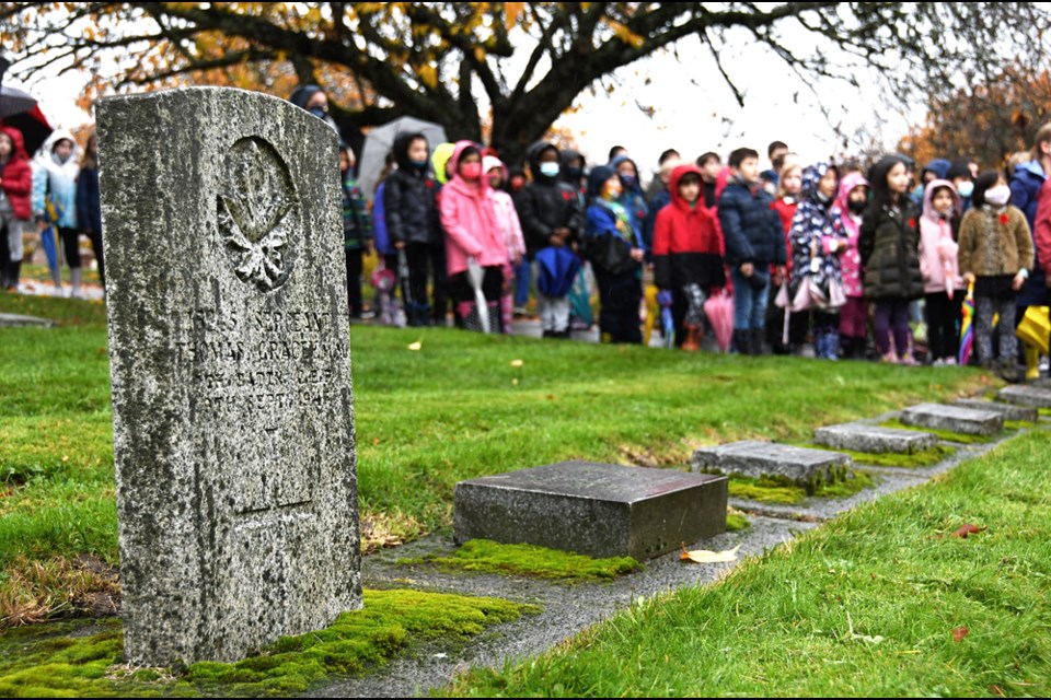 Skwo:wech and Herbert Spencer students took part in No Stone Left Alone at Fraser Cemetery on Nov. 4, along with cadets and representatives from Royal Canadian Legion and Royal Westminster Regiment.