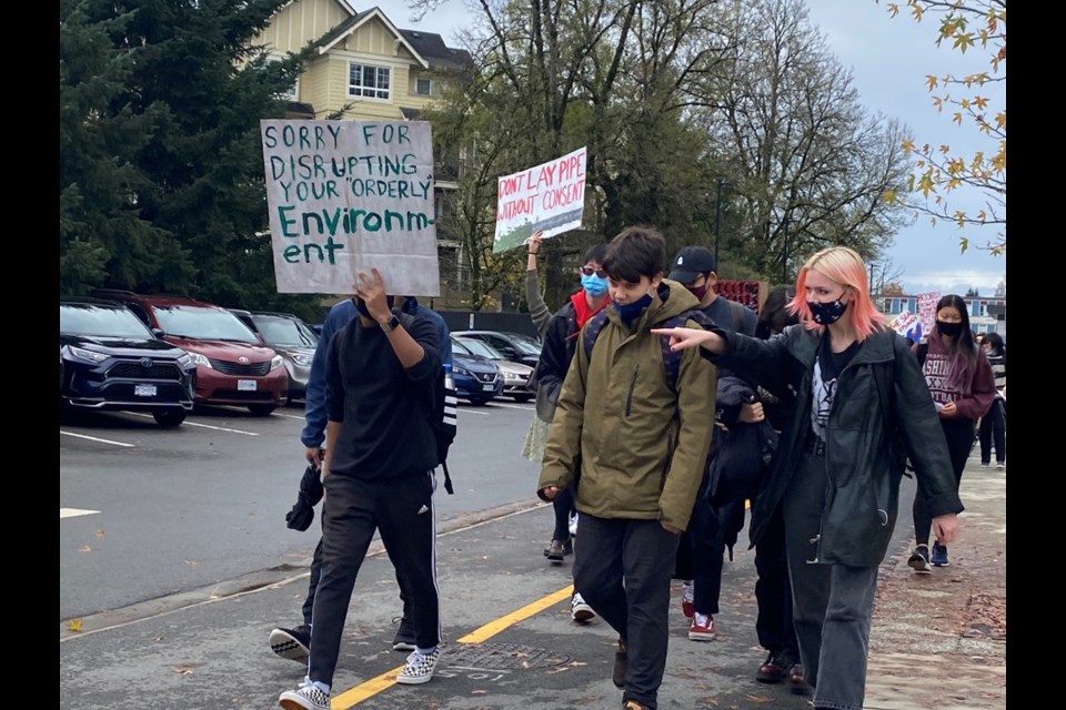 Nearly 100 New Westminster Secondary School students walked out of class on Friday, Nov. 5 for a climate strike. They took their message to the office of MLA Jennifer Whiteside.
