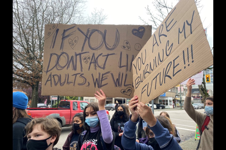 Nearly 100 New Westminster Secondary School students walked out of class on Friday, Nov. 5 for a climate strike. They took their message to the office of MLA Jennifer Whiteside.