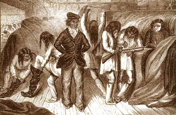 An 1863 illustration titled 'Innu at an HBC trading post' was included in a social studies exam that asked students how First Nations benefited from colonial relationships.