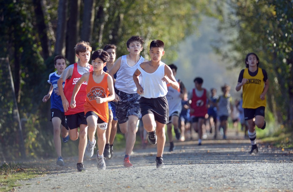 A group of Grade 7 boys jockey for the lead during the Burnaby school district's final elementary school cross-country meet of the season Monday.