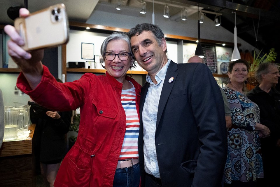 New Westminster mayor-elect Patrick Johnstone poses for a selfie with Education Minister and New Westminster MLA Jennifer Whiteside, during Community First victory celebrations at Angelina's on Saturday night.