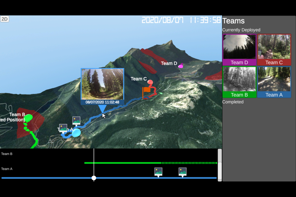The prototype of "RescueCASTR" allows search and rescue command centres to visualize the terrain of field crews on a map and timeline.