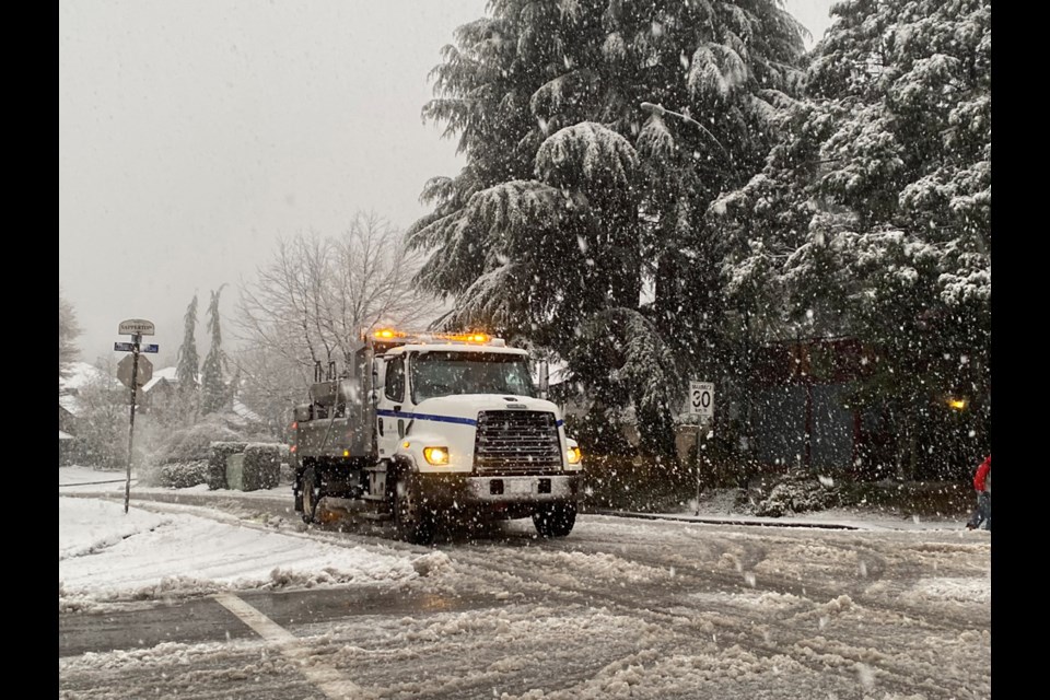 City trucks are out on snow duty this morning (Dec. 14) as New Westminster could see up to 5 cm of snow.