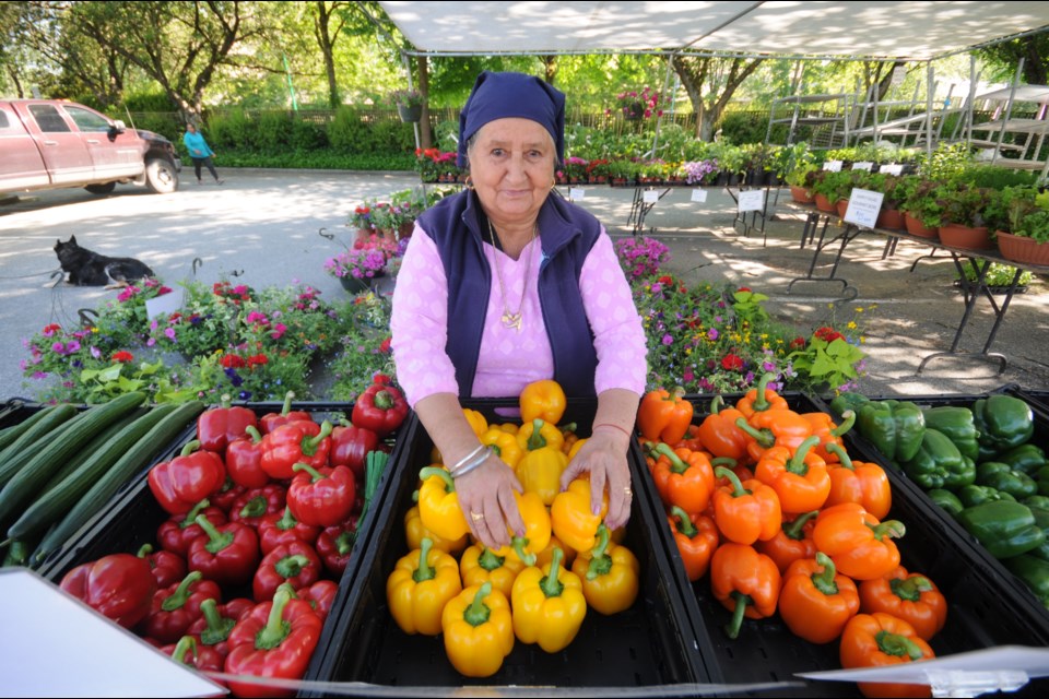 Farmers markets like the one at Burnaby's city hall near Deer Lake are community spaces with fresh food and family-friendly events. Here, Gurmit Sandhu sorts the peppers from FloroLea Farms of Abbotsford.