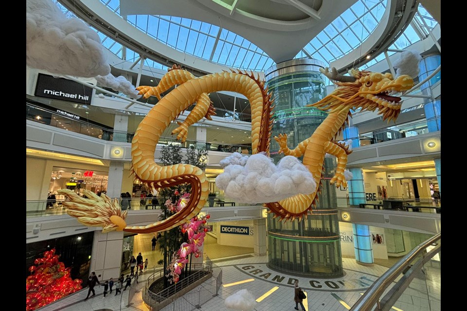 A giant 30-foot dragon that can be stretched out to 100 feet is on display in Metropolis at Metrotown in Burnaby in recognizing Lunar New Year for 2024.