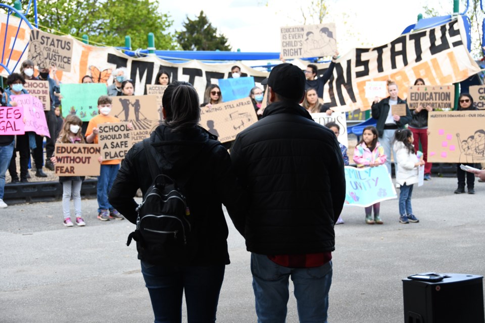 Community members turned out on Monday, May 9 to a rally in support of New Westminster couple Adriana Rosales Contreras and Alberto Vargas Mendez, who are facing deportation to Mexico.