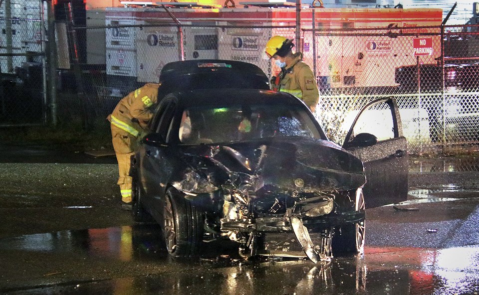 A BMW slammed into the front of Galaxie Signs on Regent Street in Burnaby  Wednesday night. 
Ryan Stelting photo