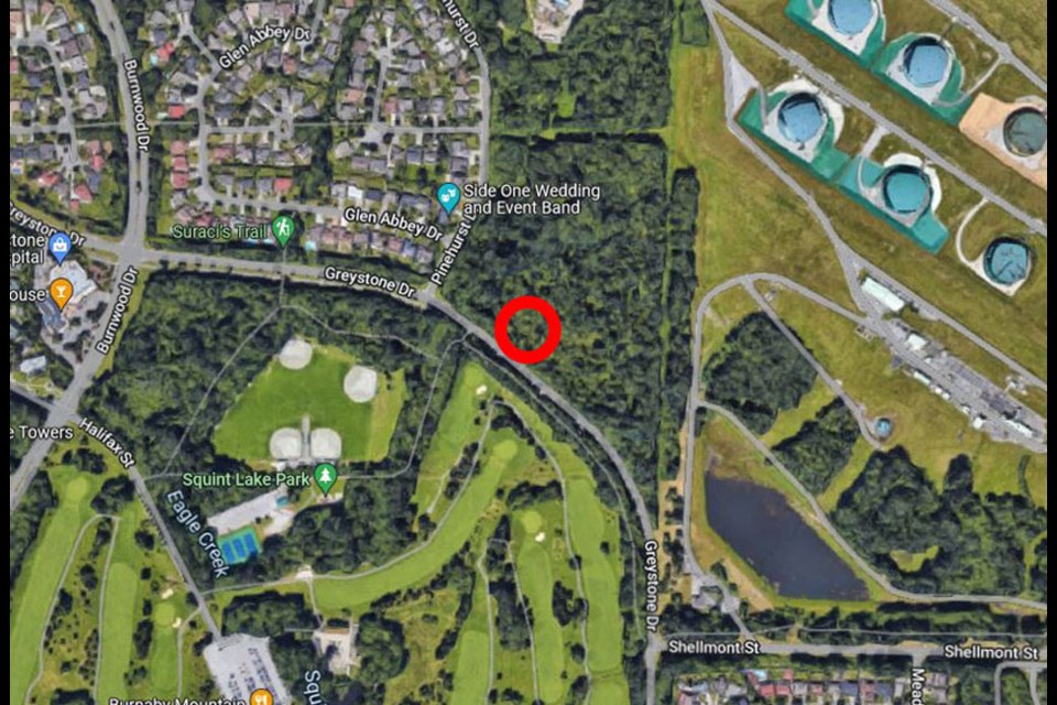 The red circle indicates the approximate location of a new Burnaby fire hall that will be operational by the end of 2023, according to the city.